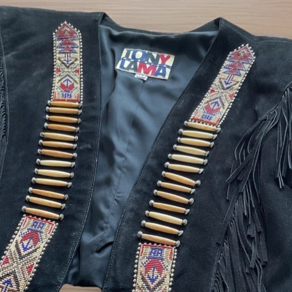 TONY LAMA Women's 14 Southwest Fringed Beaded Black Suede Leather Bolero Jacket - Picture 3 of 13